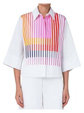 AKRIS Punto Button-Front Poplin Blouse 3/4 Sleeve Cotton White Multi-Stripe